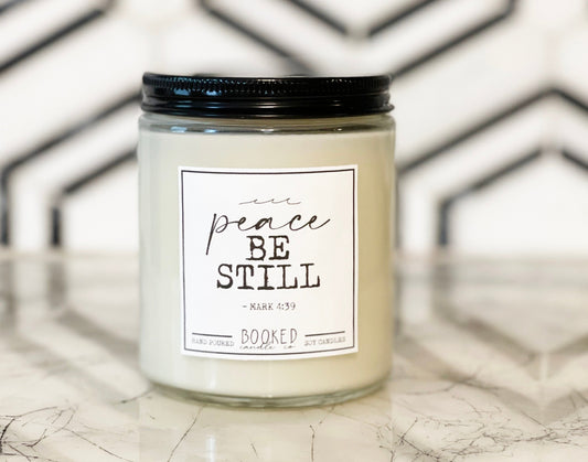 Image of "Peace Be Still - Mark 4:39" labelled candle