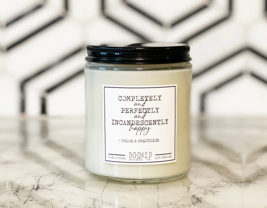 Image of "Incandescently Happy - Pride & Predjuice" labelled candle