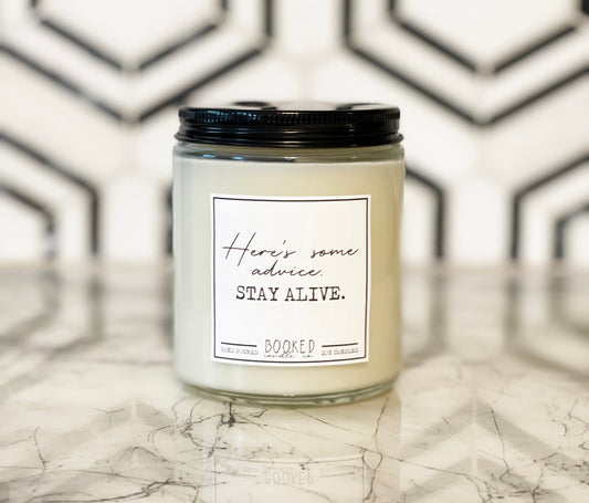 Image of "Stay Alive - Haymitch Advice, Hunger Games" labelled candle
