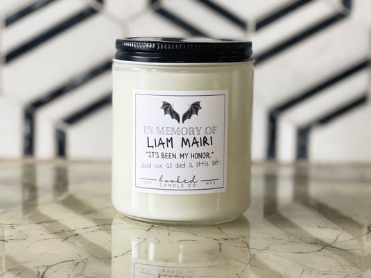 Image of "RIP Liam - Fourth Wing Series" labelled candle