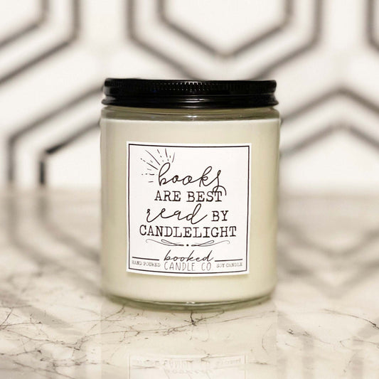 Image of "Books Are Best Read By Candlelight" labelled candle