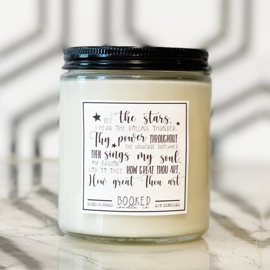 Image of "How Great Thou Art" hymn lyrics labelled soy candle