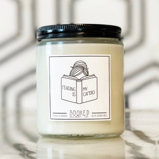Image of "Reading Is My Cardio" labelled candle