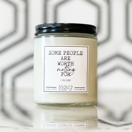 Image of "Some People Are Worth Melting For - Frozen" Disney-inspired labelled candle