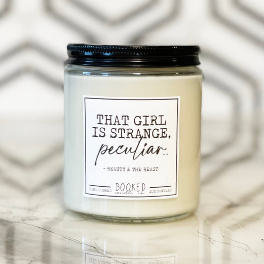 Image of "That Girl Is Strange, Peculiar - Beauty & The Beast" Disney-inspired labelled soy candle