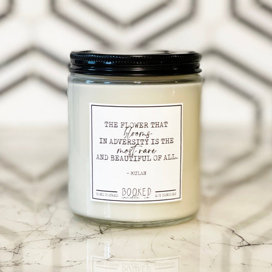 Image of "The Flower That Blooms.. - Mulan Inspired" labelled candle
